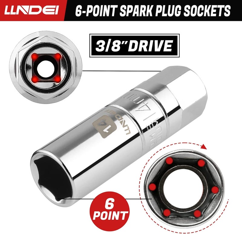 LLNDEI 3/8-Inch Drive Spark Plug Socket Set 7PCS, SAE & Metric, 5/8-inch, 3/4-inch, 13/16-inch, 14mm, 18mm, CR-V Steel Mirror Finish Sockets with Rubber Retaining Rings, Universal Joint, Extension Bar - Image 4